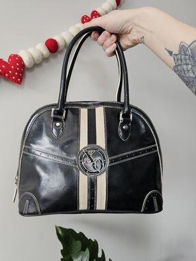 XOXO Black Vinyl Mini Bowling Bag Y2K Stripe Retro Shoulder Purse *Wear - Read‎
